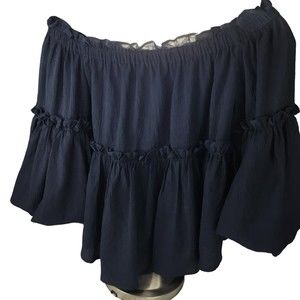 Petal Roz Navy Blue Ruffle Elasticized Off Shoulder Pleated Blouse L